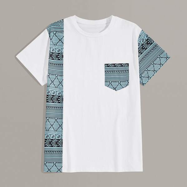 

Men Contrast Pocket Tribal Print Panel Tee, White