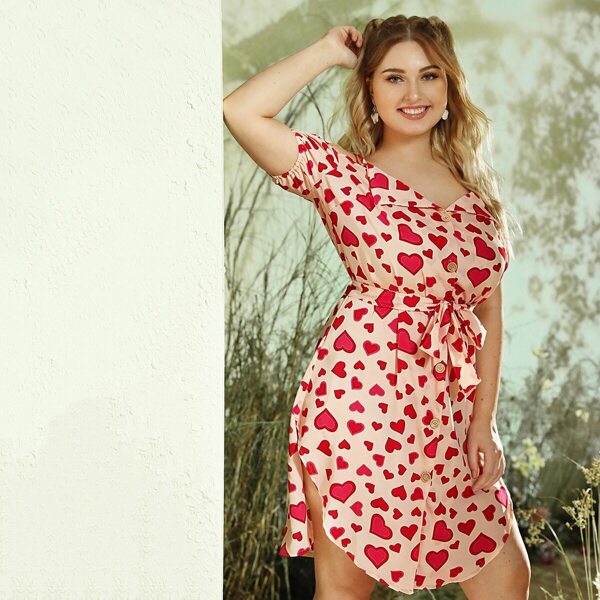

Plus Confetti Heart Print Cold-shoulder Belted Shirt Dress