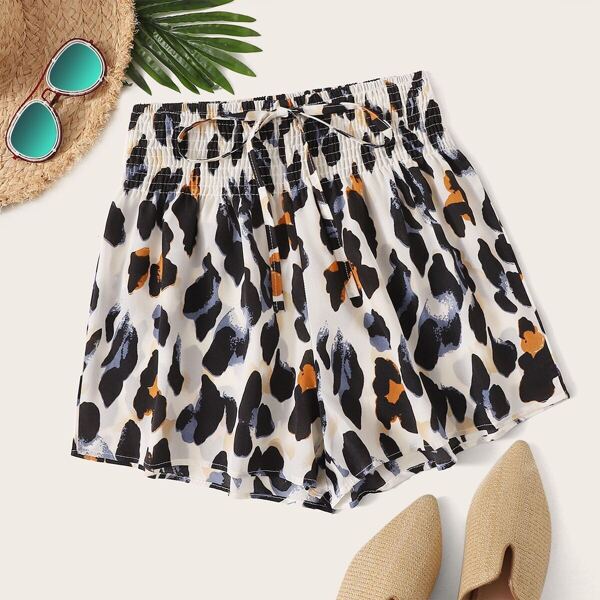 

Leopard Tie Front Shirred Waist Shorts, Multicolor