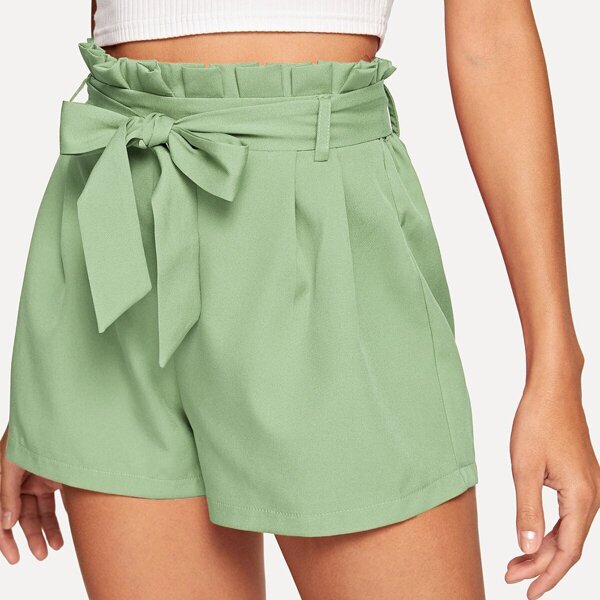 

Solid Belted Paperbag Shorts, Green