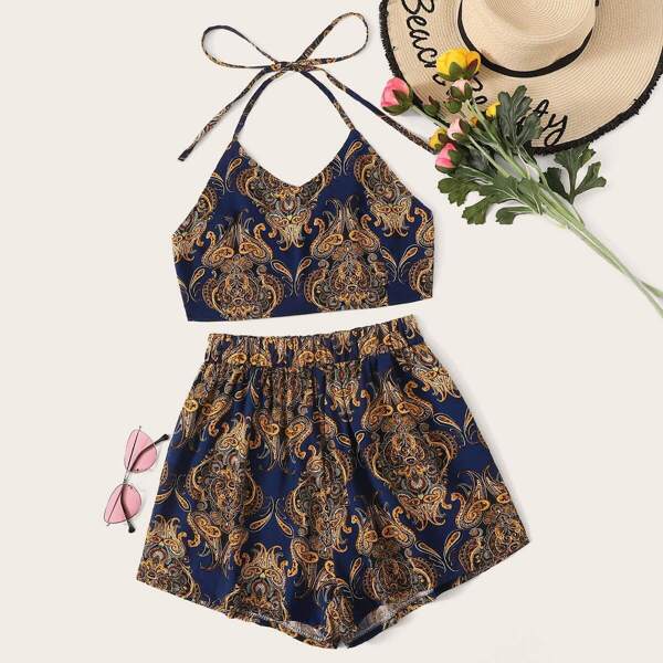 

Tribal Paisley Print Tie Back Halter Top & Shorts