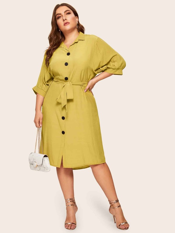 

Plus Button Through Belted Shirt Dress, Yellow, Franziska