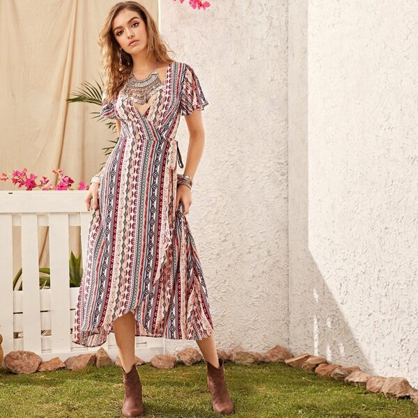 

Tribal Print Flutter Sleeve Wrap Knotted Dress