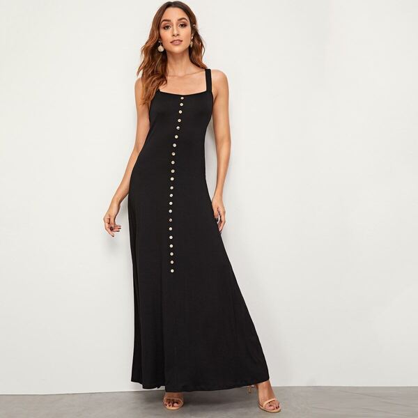 

Button Front Maxi Slip Dress, Black