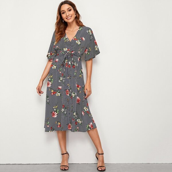 

Floral & Striped Print Belted Dress