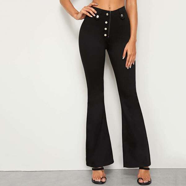 

Solid Button Front Flare Leg Jeans