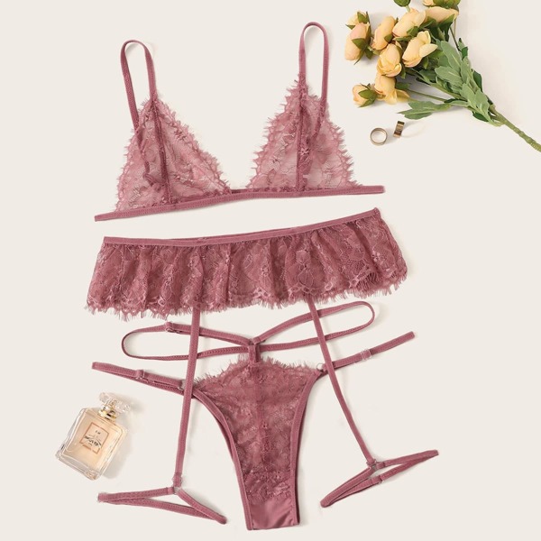 

Floral Lace Garter Lingerie Set, Pink