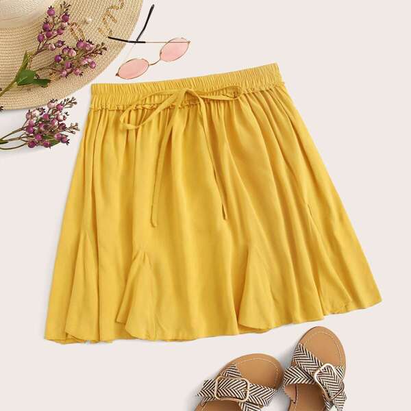 

Solid Drawstring Waist Godet Skirt