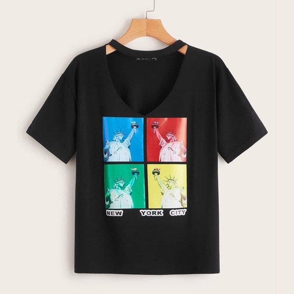 

Statue of Liberty Print Keyhole Neck Tee