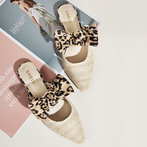 

Leopard Bow Decor Plaited Flat Mules