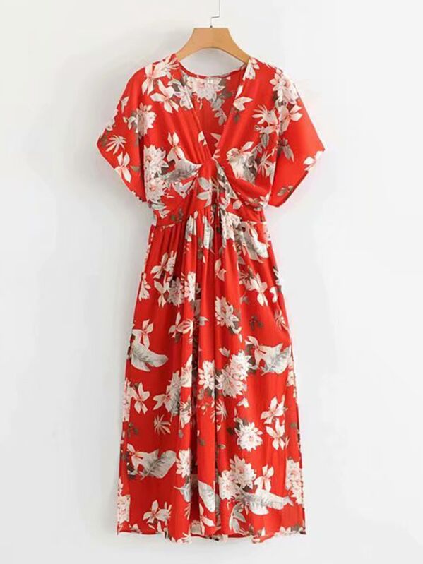 

Floral Print V-neck High Waist Dress, Red