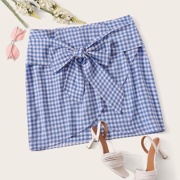 

Plus Bow Front Gingham Wrap Skirt, Blue