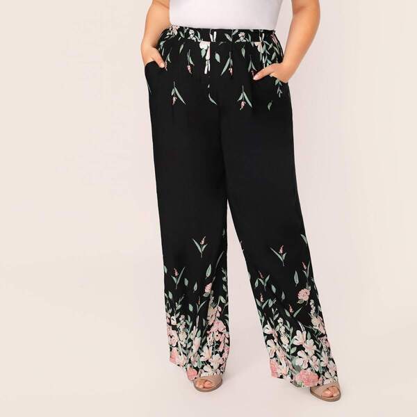 

Plus Plants Print Wide Leg Maxi Pants, Black