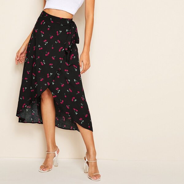

Asymmetrical Hem Wrap Belted Cherry Print Skirt, Black