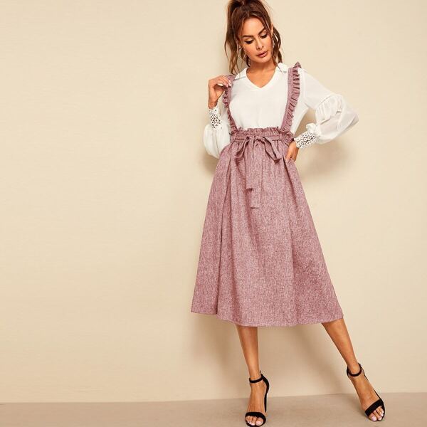

Ruffle Trim Belted Swing Skirt With Strap