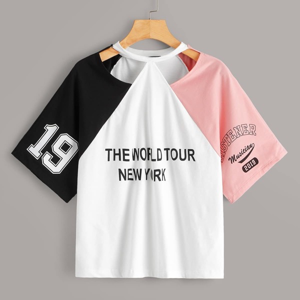 

Cutout Neck Colorblock Slogan Graphic Top, Multicolor