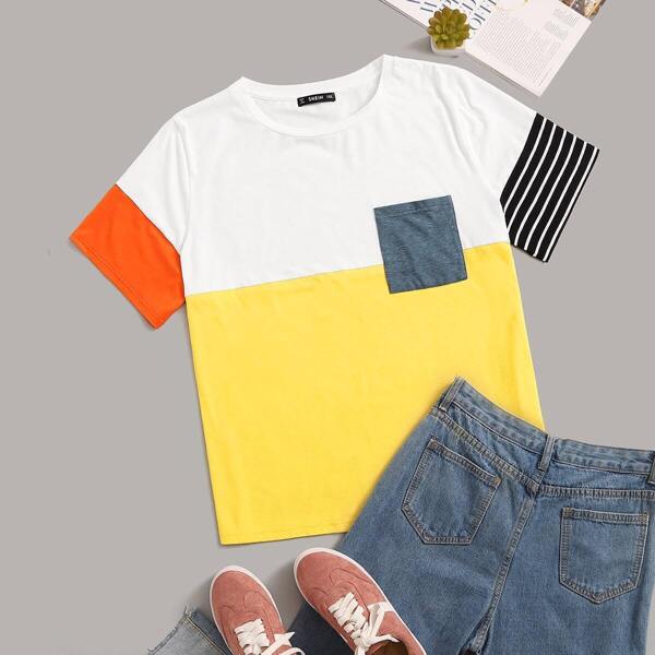 

Plus Pocket Patched Colourblock Striped Tee