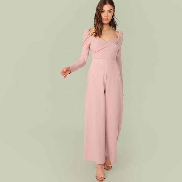 

Surplice Neck Puff Sleeve Top & Wide Leg Pants Set, Pink pastel