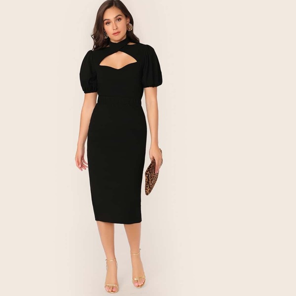 

Cross Wrap Front Sweetheart Neck Top and Pencil Skirt Set, Black