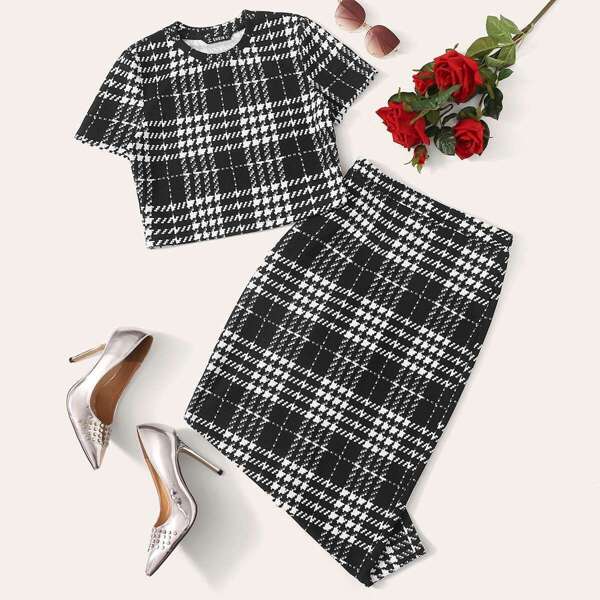 

Short Sleeve Plaid Top & Split Pencil Skirt Set
