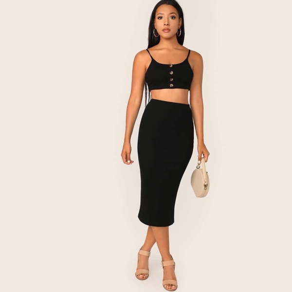 

Button Front Rib-knit Cami Crop Top & Pencil Skirt Set