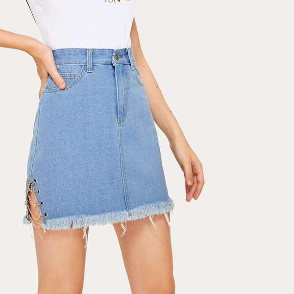 

Chain Detail Raw Hem Denim Skirt