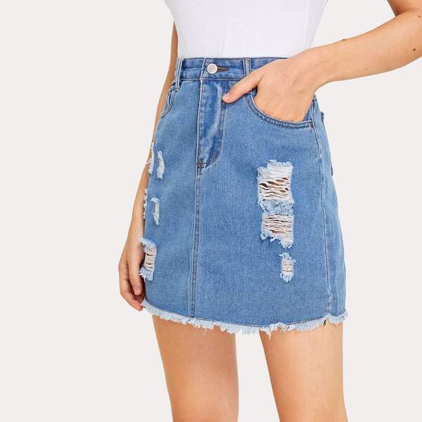 

Raw Hem Ripped Denim Skirt