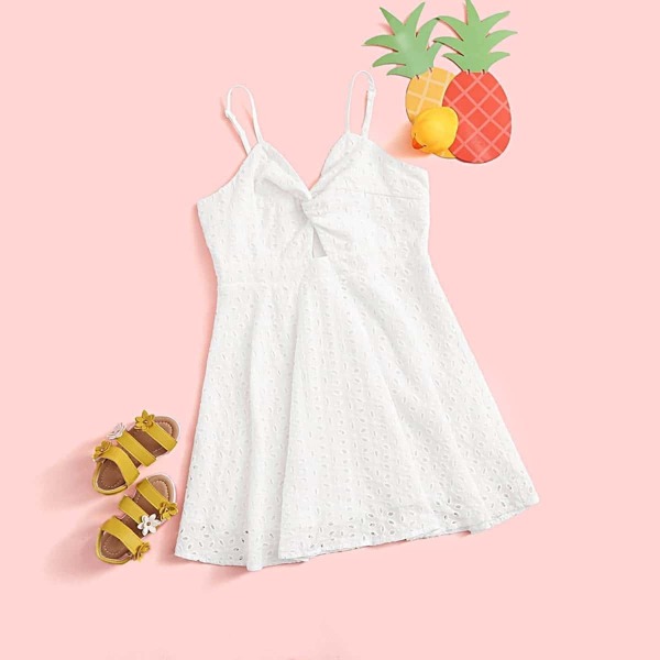 

Girls Twist Front Peekaboo Schiffy Dress, White