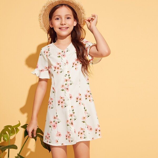 

Girls Ruffle Cuff Button Front Floral Dress, White