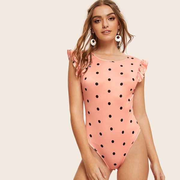 

Ruffle Sleeve Open Back Polka Dot Bodysuit
