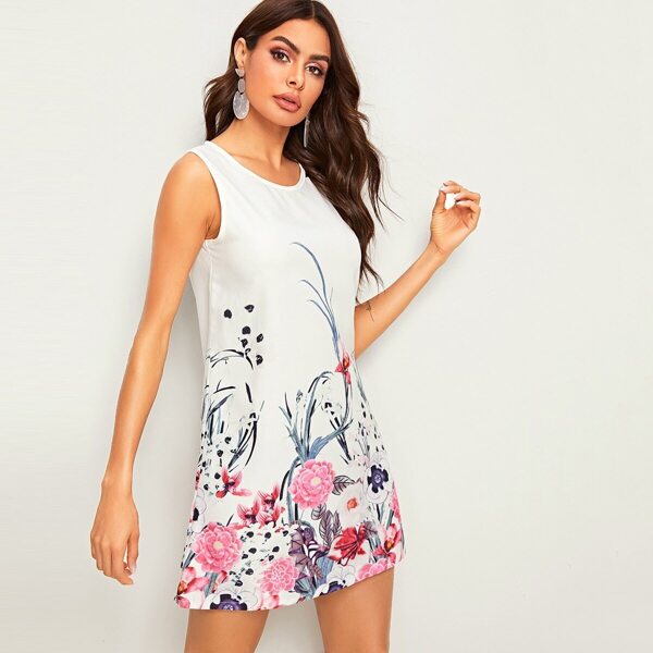 

Floral Print Sleeveless Dress, White