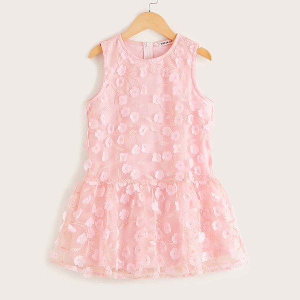 

Girls Mesh Overlay 3D Appliques Ruffle Hem Dress, Pink pastel
