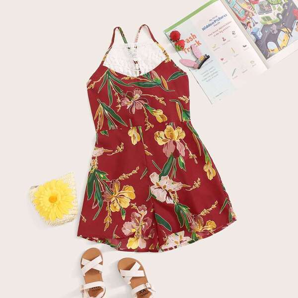 

Girls Floral Lace Insert Tie Back Romper