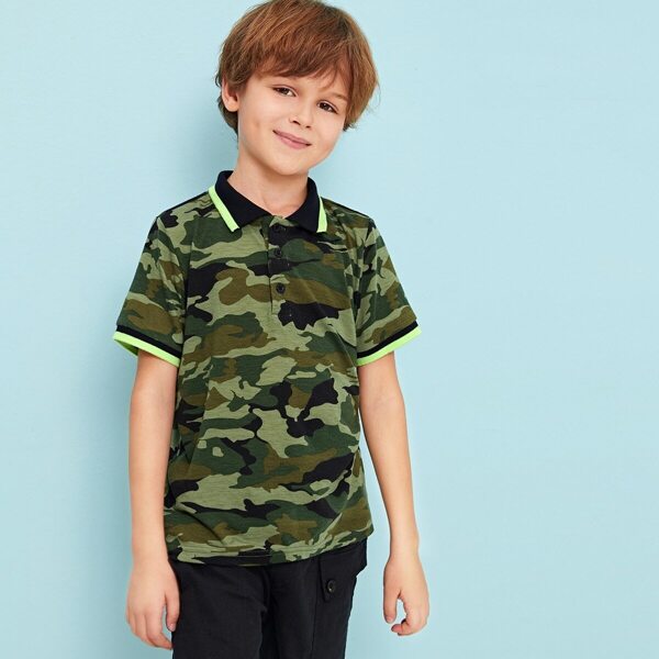 

Boys Striped Collar & Cuff Camo Polo Shirt