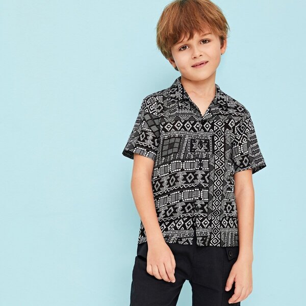 

Boys Aztec Print Revere Collar Shirt, Black and white
