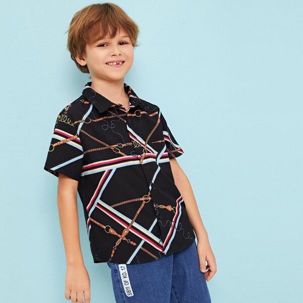 

Boys Chain & Stripe Print Shirt, Black