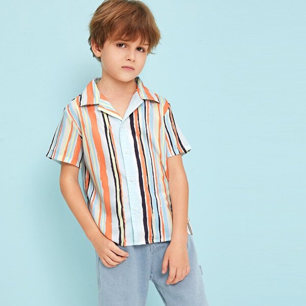 

Boys Notch Collar Striped Shirt, Multicolor