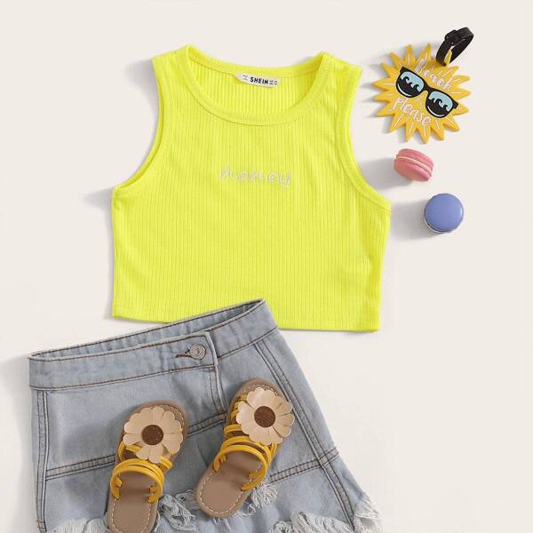 

Girls Neon Yellow Embroidery Letter Rib-knit Tank Top