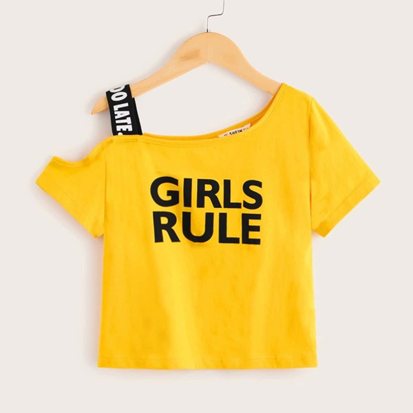 

Girls Asymmetrical Neck Letter Tape Slogan Graphic Top, Mustard yellow