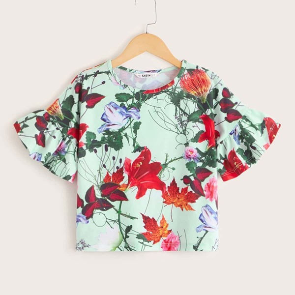 

Girls Ruffle Cuff Botanical Print Top