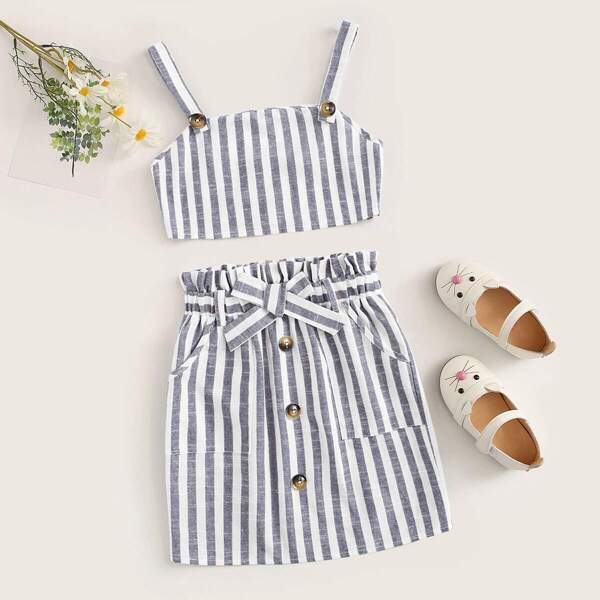 

Girls Striped Top and Paperbag Waist Bow Front Skirt Set