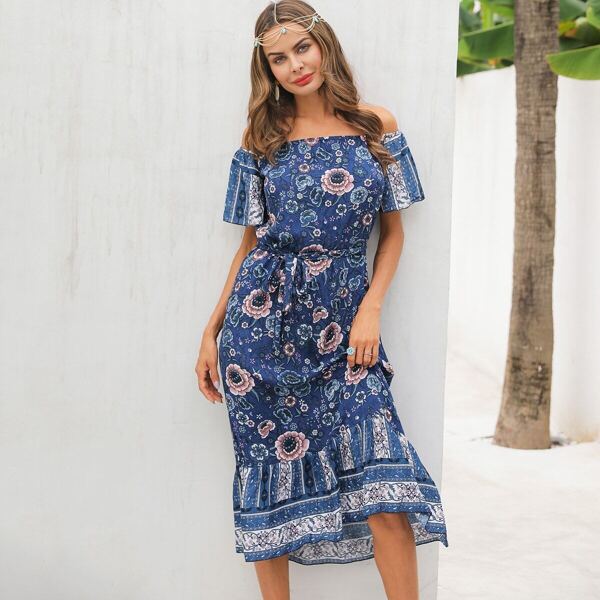 

Floral Print Belted Off Shoulder Dress, Blue