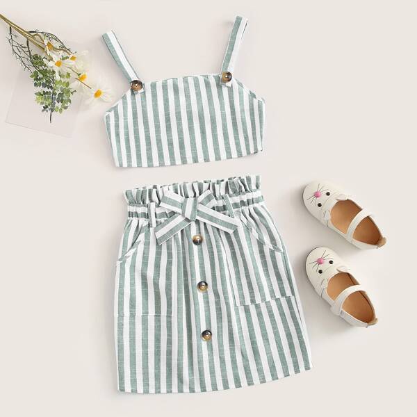 

Girls Striped Crop Top & Paperbag Waist Skirt Set