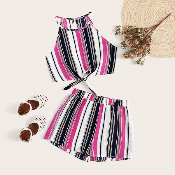 

Girls Tie Hem Top and Colorful Striped Shorts Set