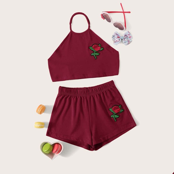 

Girls Tie Back Embroidery Patched Halter Top & Shorts Set