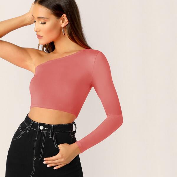 

One Shoulder Form Fitting Crop Tee, Coral pink