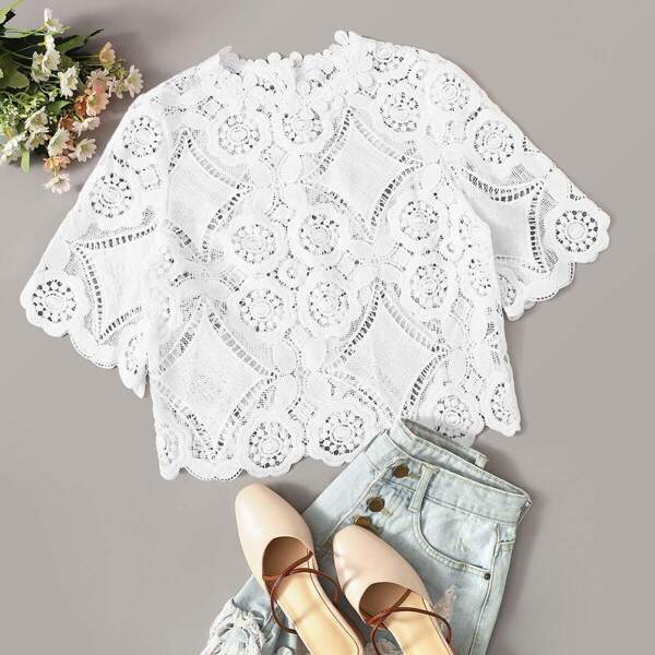 

Keyhole Back Guipure Lace Sheer Blouse