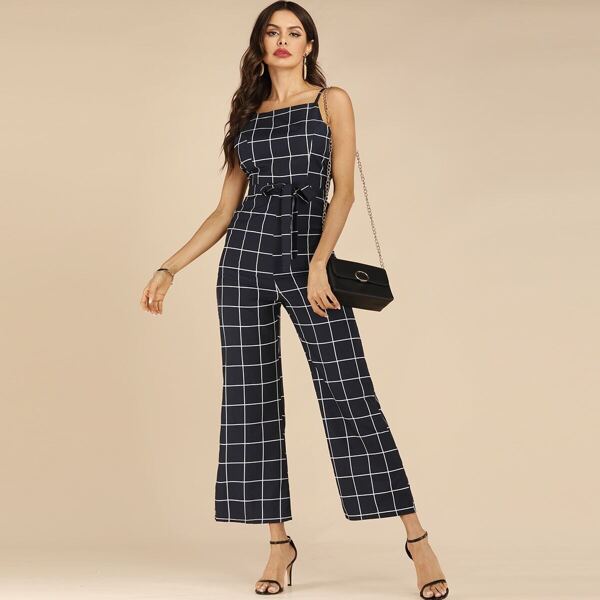 

Self Tie Open Back Plaid Cami Jumpsuit