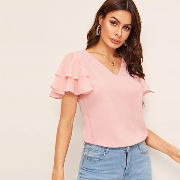 

Solid V Neck Layered Sleeve Top