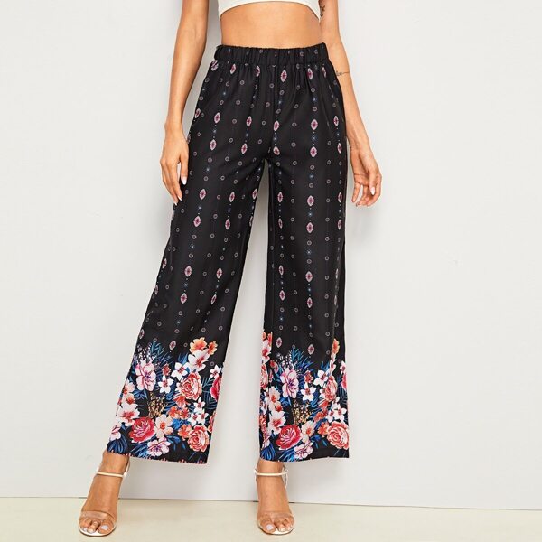 

Tribal Print Wide Leg Pants, Black
